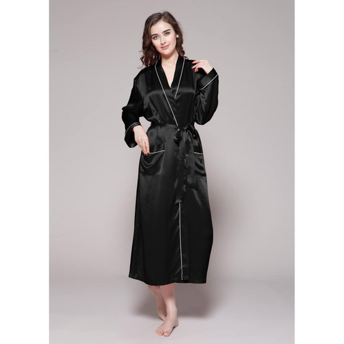Robe De Chambre Longue En Soie Bordure Contraste noir - Lilysilk - Lilysilk