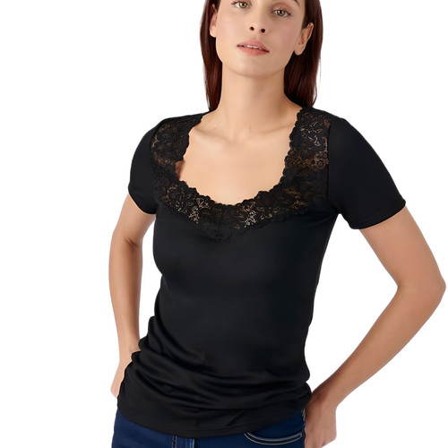T-shirt manches courtes en coton noir pour femme - Damart - Damart underwear