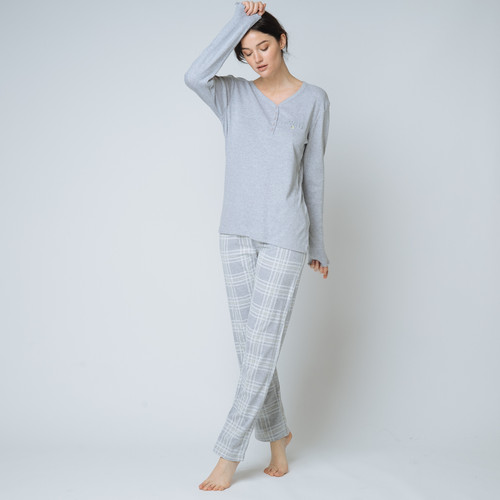 Pyjama deux pièces, pantalon à carreaux gris en coton Iconic  - Lingerie Iconic