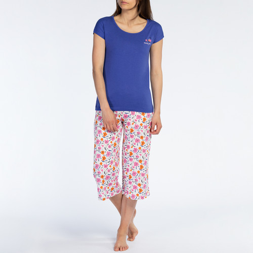 Ensemble Pyjama Femme Corsaire - Haut uni et bas imprimé bleu Naf Naf homewear  - Lingerie de nuit et Loungewear