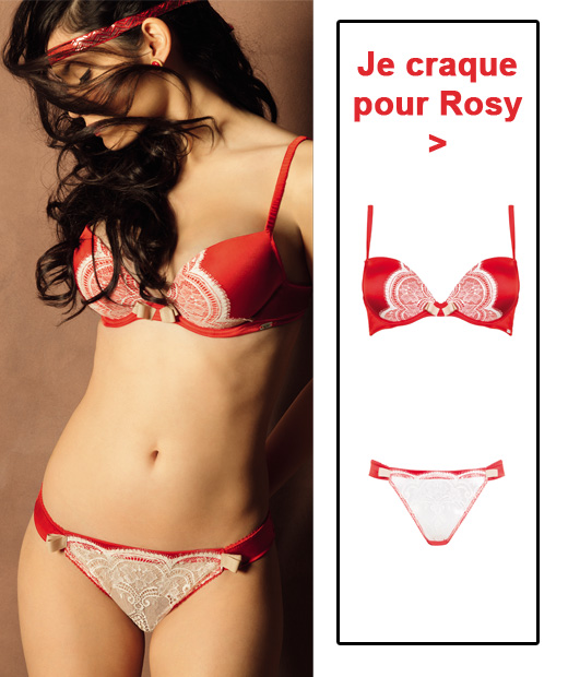 Soutien-gorge rouge à coques et slip créés par Rosy, marque de lingerie française