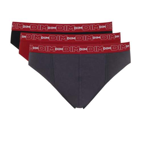 Pack de 3 Slips Coton Stretch - Ceinture Siglée Gris / Rouge en tissu Dim Underwear  - Sous vetement homme