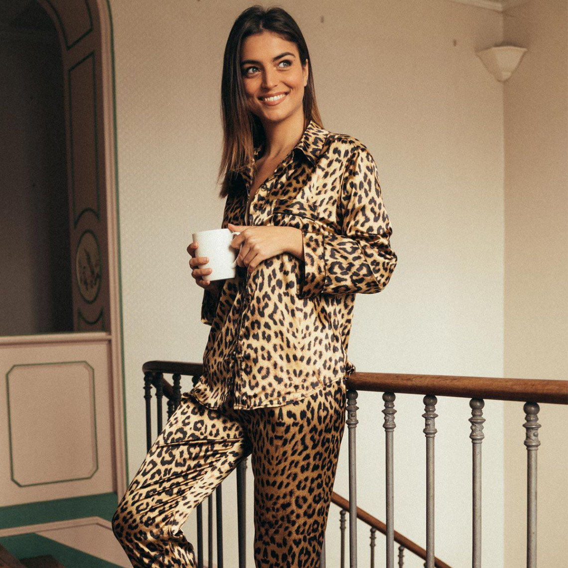 Femmes Cream Satin Léopard Pyjama Tatty Teddy Pour Femme Imprimé Animal Pantalon Pyjama