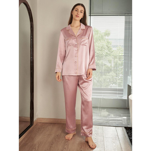 22MM Ensemble Pyjama à Passepoil d'Or en Soie rose poudre Lilysilk  - Nouveautés Homewear