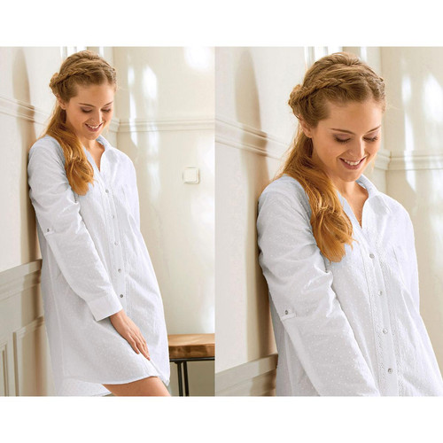 Chemise de nuit motif plumetis - BECQUET HOMEWEAR-blanc en coton - Becquet - Becquet loungewear femme