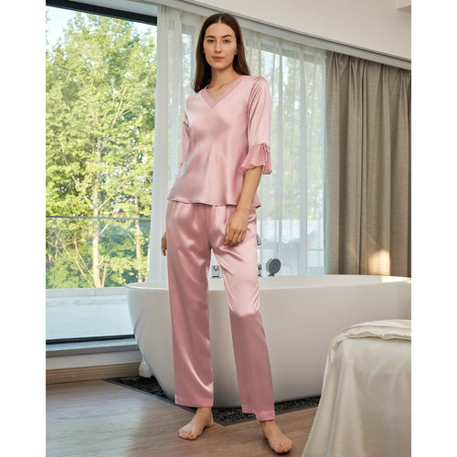 Ensemble De Pyjama En Soie  Dentelle rose poudre Lilysilk  - Nouveautés Homewear