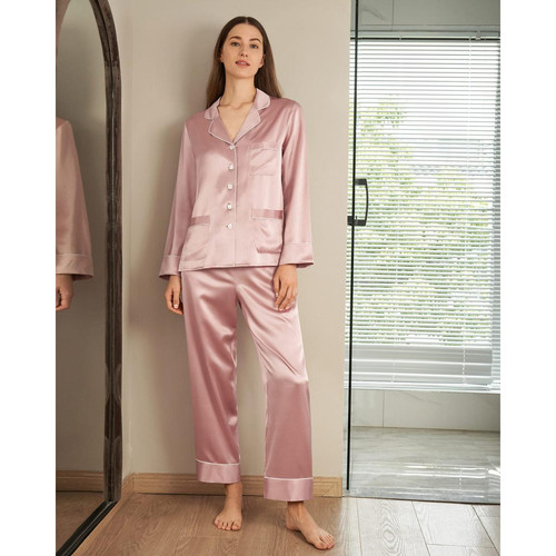 Pyjama en Soie Femme  Liseré Contrastant rose poudre - Lilysilk - Lilysilk