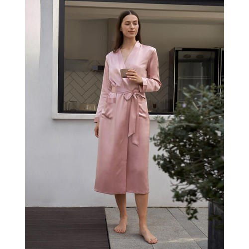 Robe De Chambre En Soie Longue Classique rose poudre LilySilk  - Lingerie de nuit et Loungewear