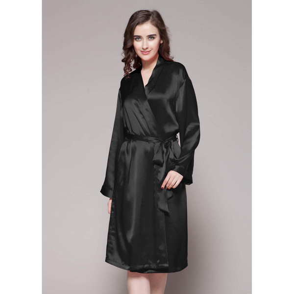 Robe De Chambre Mi longueur 100% Soie Naturelle Classique noir Lilysilk
