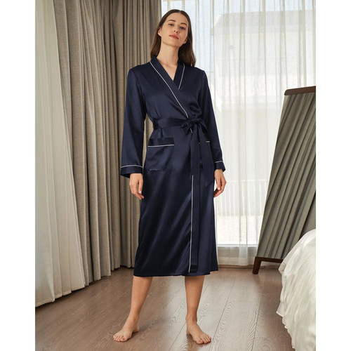 Robe De Chambre Longue En Soie Bordure Contraste bleu marine Lilysilk