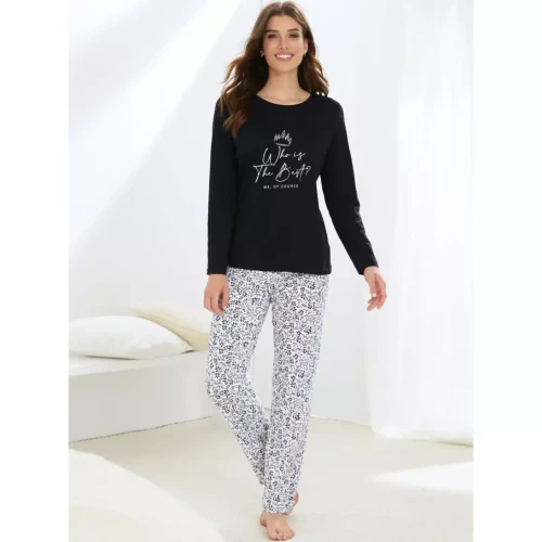 Pyjama 2 pièces T-shirt + pantalon imprimé noir en coton Venca  - Pyjama ensemble de nuit