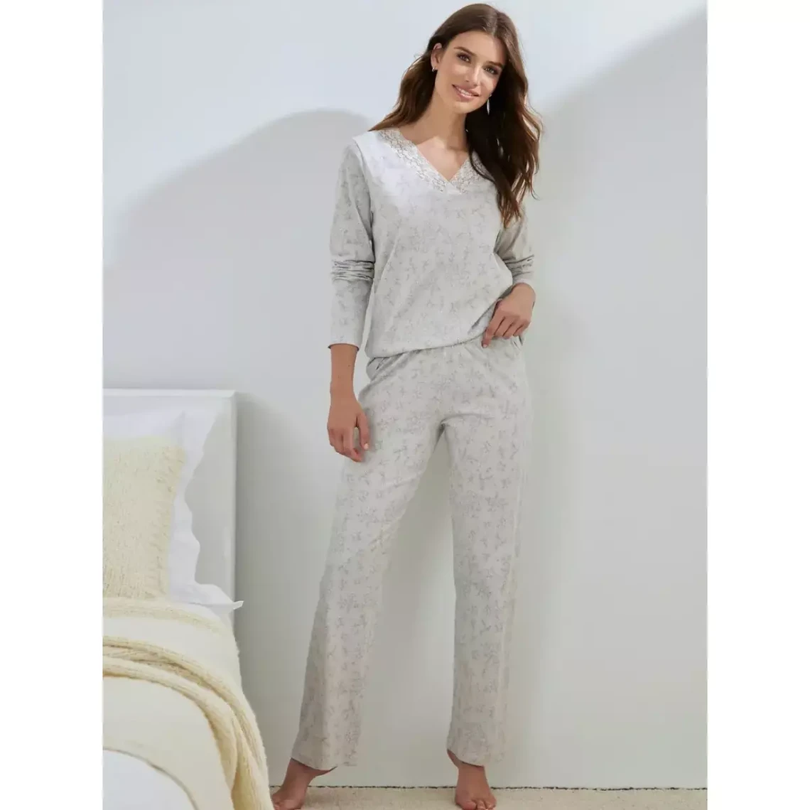 pyjama 2 pièces t-shirt avec dentelle + pantalon gris en coton