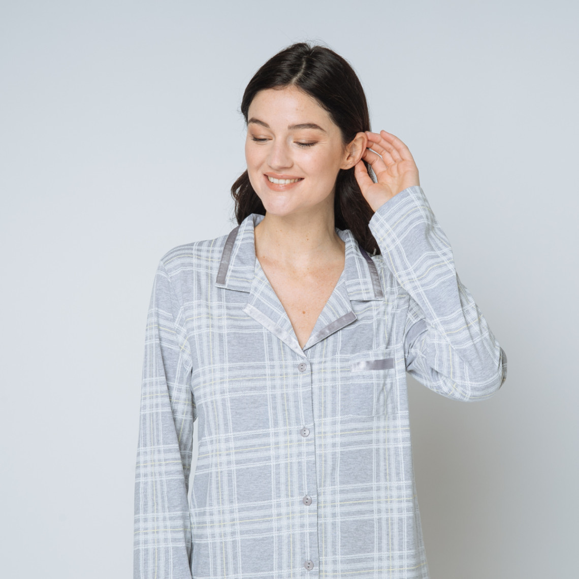 Chemise de nuit à carreaux gris en coton Iconic
