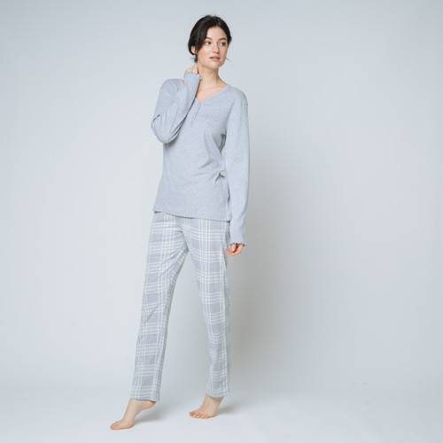 Pyjama deux pièces, pantalon à carreaux gris en coton
