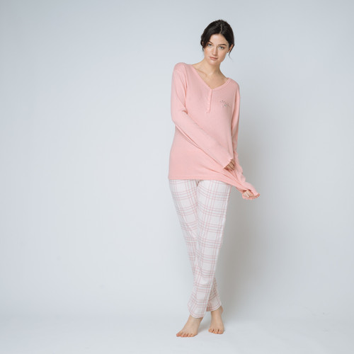 Pyjama deux pièces, pantalon à carreaux rose en coton