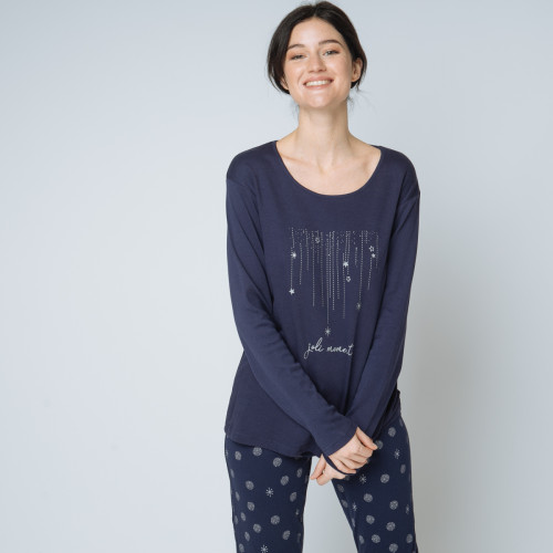Pyjama deux pièces, pantalon imprimé bleu en coton Iconic  - Lingerie Iconic