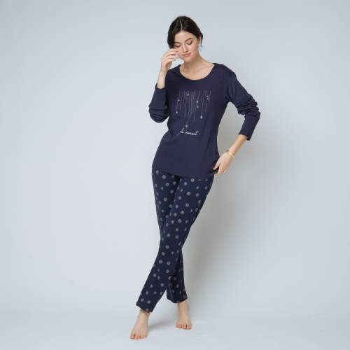 Pyjama deux pièces, pantalon imprimé bleu en coton