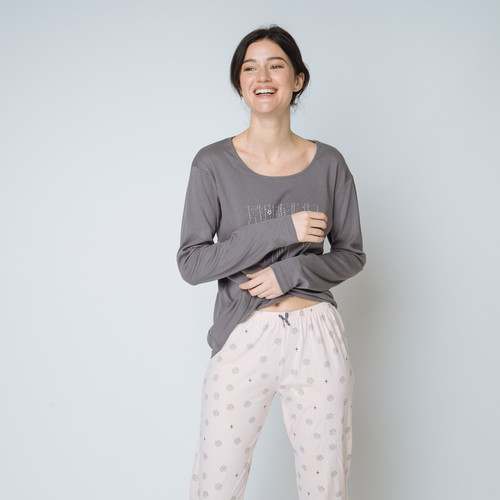 Pyjama deux pièces, pantalon imprimé rose en coton