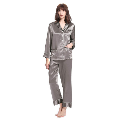 Pyjama en Soie Femme  Liseré Contrastant gris foncé