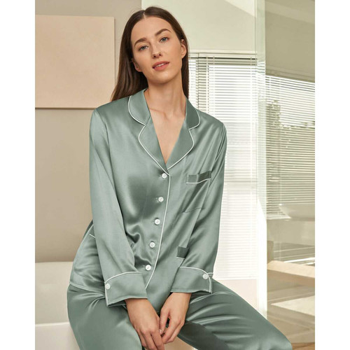 Pyjama en Soie Femme  Liseré Contrastant vert foncé