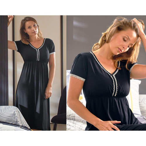 Chemise de nuit NALINI  noire pour femme - Pyjama ensemble de nuit