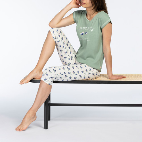 Pyjama corsaire manches longues vert en coton - Dodo Homewear - Nouveautés Lingerie et Maillot