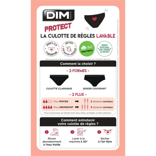 Shorty menstruel coton Bio flux abondant Noir Dim Protect Dim