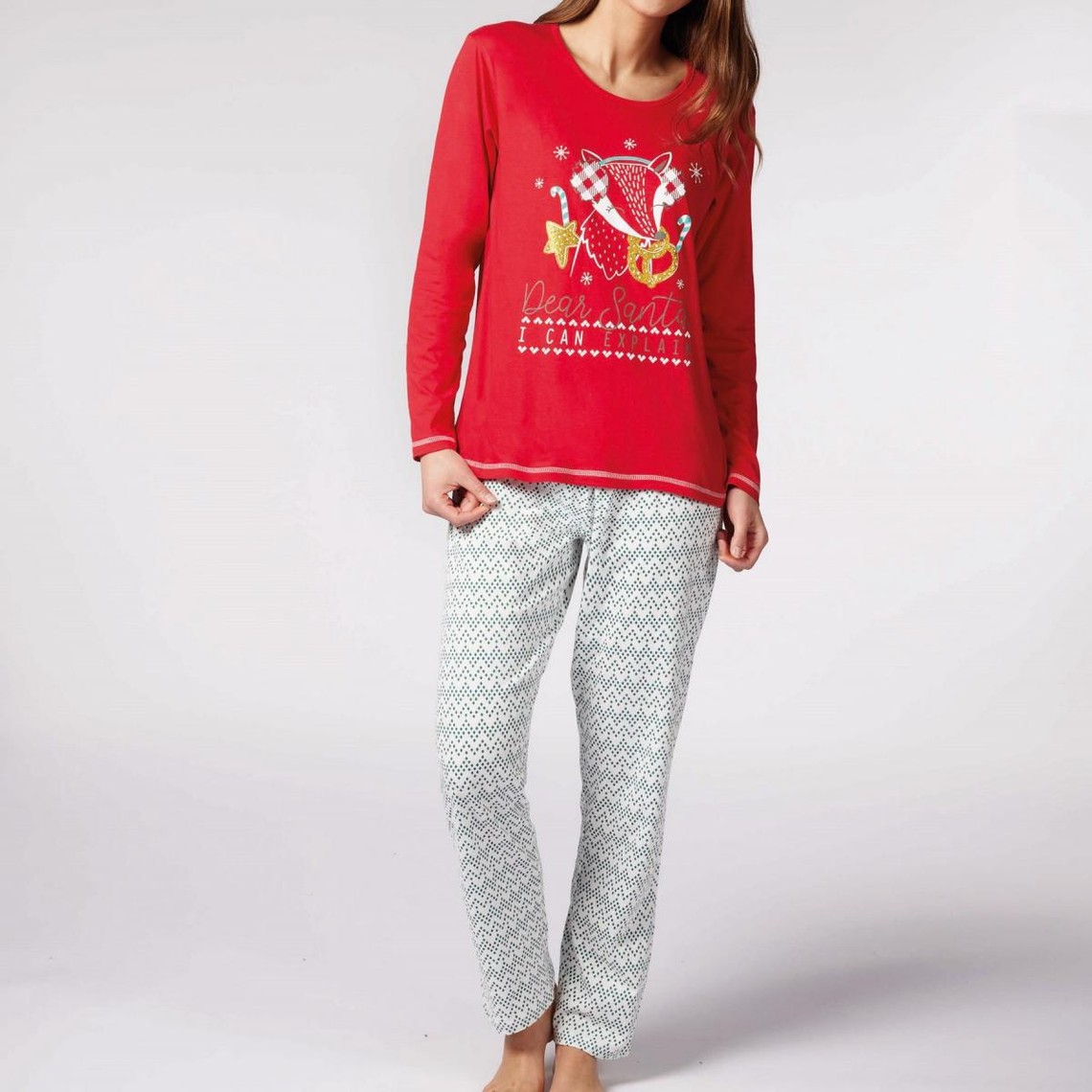 Pyjama Long Femme en Coton - Rouge - Blanc - Vert - imprimés Noël