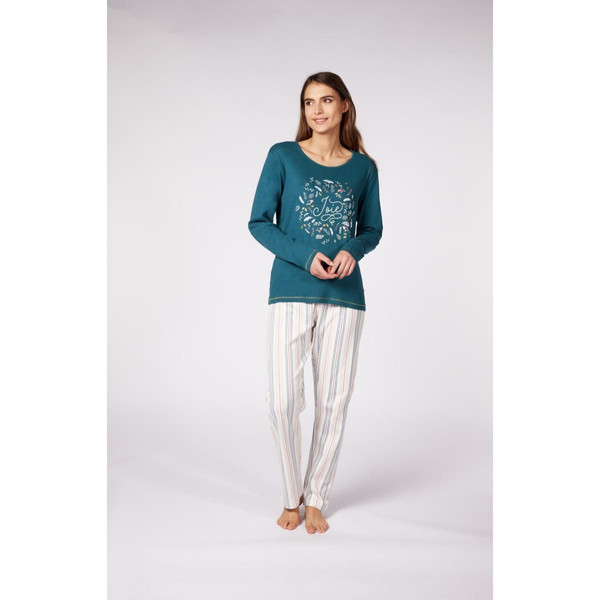Pyjama Long Femme Vert Imprimé/Blanc à Rayures Verticales Colorés en coton Dodo Homewear