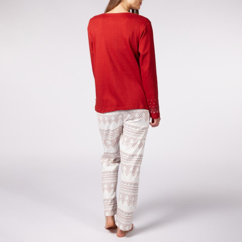 Pyjama Long femme en Coton - Rouge - Blanc et Terra Cotta à Motifs Rennes-Noël