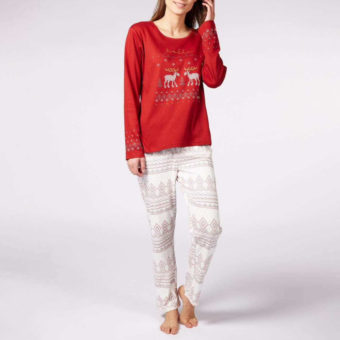 Pyjama Long femme en Coton - Rouge - Blanc et Terra Cotta à Motifs Rennes-Noël