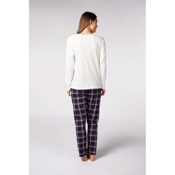 Pyjama Manches Longues Femme en Coton - Blanc avec des imprimés/Bleu Marine à Carreaux