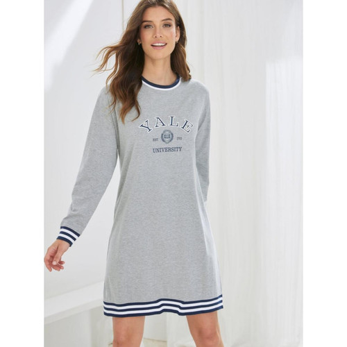 Chemise de nuit manches longues avec côte élastique bicolore gris chiné en coton