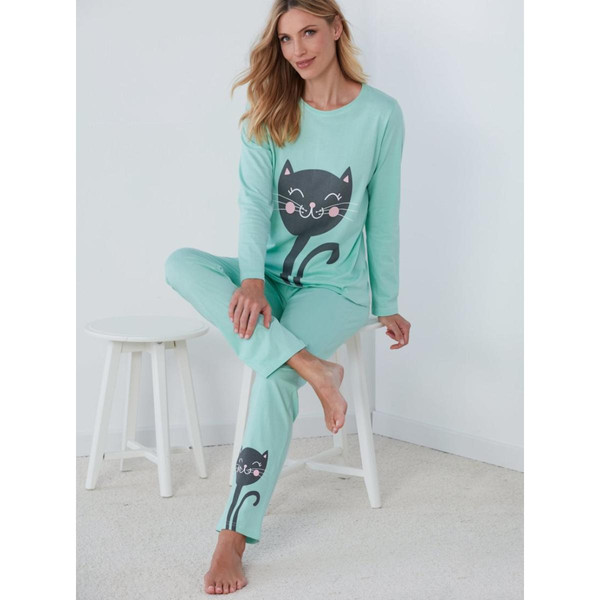 Pyjama 2 pièces t-shirt + pantalon chats vert en coton Venca