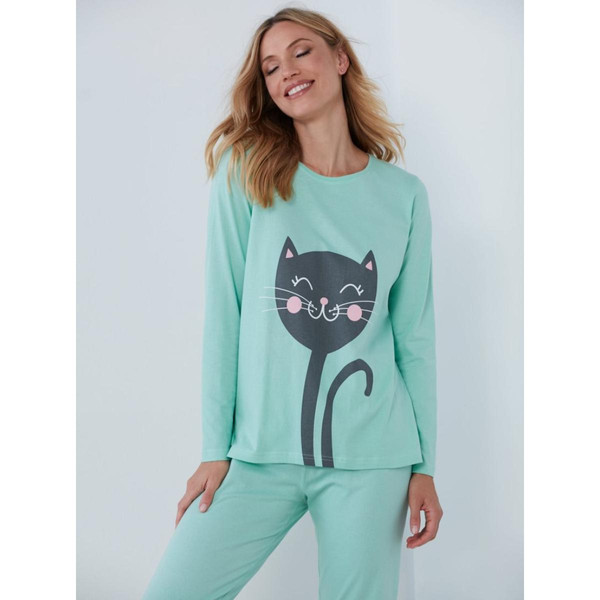 Pyjama 2 pièces t-shirt + pantalon chats vert en coton