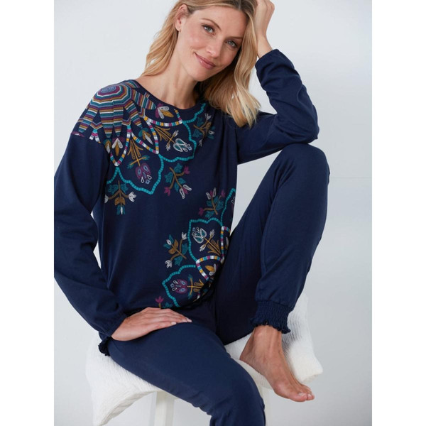 Pyjama 2 pièces T-shirt + pantalon nid d'abeille bleu marine en coton Venca